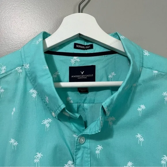 American Eagle Teal Blue Poplin Palm Tree Print Button Down Classic Fit Shirt - Picture 5 of 11